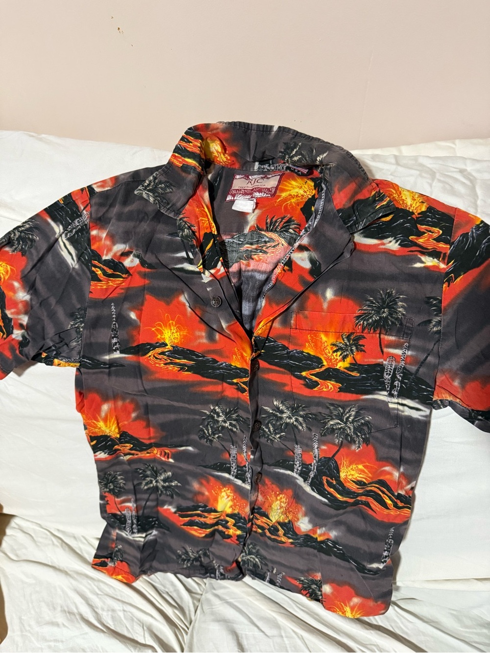 Volcano Print Hawaiian Button-Up Shirt - Black & Orange